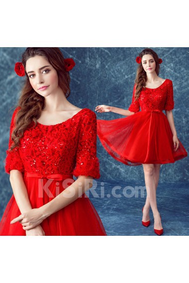 Lace, Organza Scoop Mini/Short Half Sleeve Ball Gown Dress with Sequins, Bow