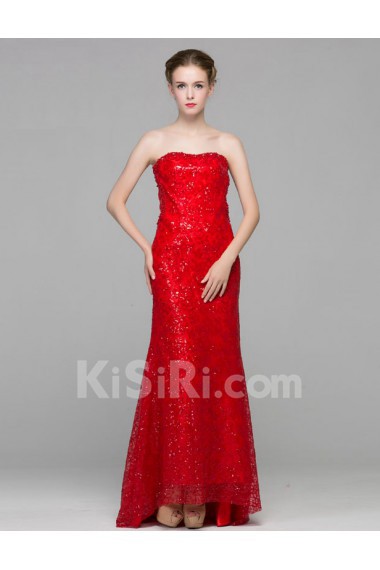 Tulle Strapless Sweep Train Sleeveless Sheath Dress with Sequins, Beads