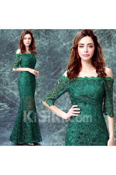 Lace Off-the-Shoulder Floor Length Half Sleeve Mermaid Dress with Embroidered