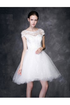 Lace, Satin Scoop Mini/Short Cap Sleeve Ball Gown Dress with Beads