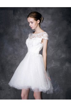 Lace, Satin Scoop Mini/Short Cap Sleeve Ball Gown Dress with Beads