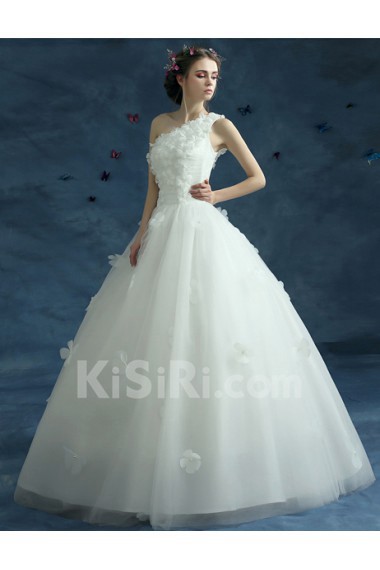 Organza One-shoulder Floor Length Sleeveless Ball Gown Dress with Pearl