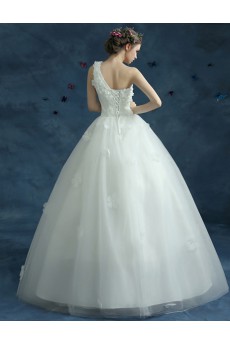 Organza One-shoulder Floor Length Sleeveless Ball Gown Dress with Pearl