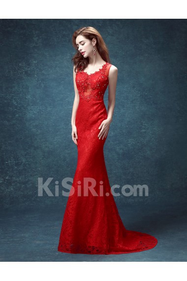 Lace, Tulle V-neck Sweep Train Sleeveless Mermaid Dress with Embroidered