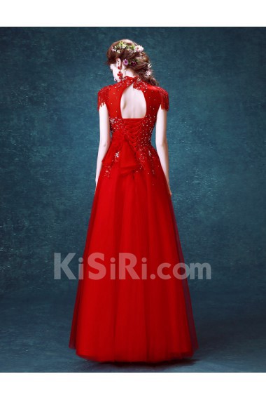 Lace, Tulle High Collar Floor Length Cap Sleeve A-line Dress with Beads, Rhinestone