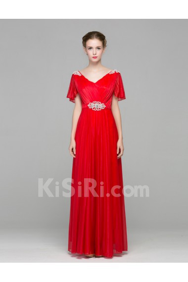 Organza, Lace, Satin V-neck Floor Length Short Sleeve A-line Dress with Rhinestone