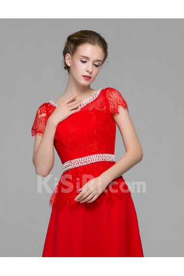 Chiffon Scoop Floor Length Cap Sleeve A-line Dress with Sequins, Beads