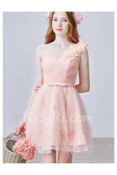 Lace, Tulle, Satin One-shoulder Mini/Short Sleeveless A-line Dress with Handmade Flowers, Bow