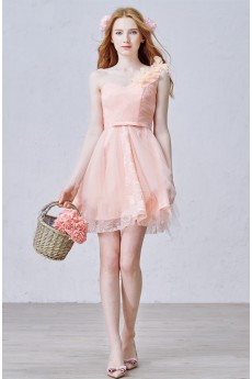 Lace, Tulle, Satin One-shoulder Mini/Short Sleeveless A-line Dress with Handmade Flowers, Bow