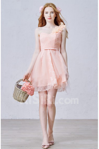 Lace, Tulle, Satin One-shoulder Mini/Short Sleeveless A-line Dress with Handmade Flowers, Bow