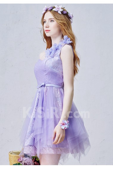 Lace, Tulle, Satin One-shoulder Mini/Short Sleeveless A-line Dress with Handmade Flowers, Bow