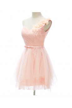 Lace, Tulle, Satin One-shoulder Mini/Short Sleeveless A-line Dress with Handmade Flowers, Bow