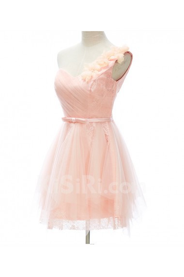 Lace, Tulle, Satin One-shoulder Mini/Short Sleeveless A-line Dress with Handmade Flowers, Bow