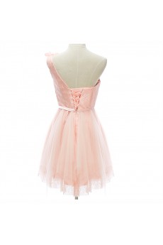 Lace, Tulle, Satin One-shoulder Mini/Short Sleeveless A-line Dress with Handmade Flowers, Bow