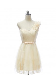 Lace, Tulle, Satin One-shoulder Mini/Short Sleeveless A-line Dress with Handmade Flowers, Bow