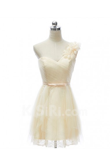 Lace, Tulle, Satin One-shoulder Mini/Short Sleeveless A-line Dress with Handmade Flowers, Bow