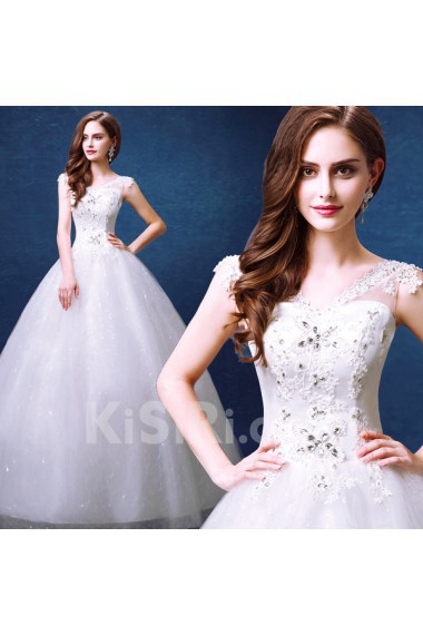 Lace, Organza V-neck Floor Length Sleeveless Ball Gown Dress with Rhinestone