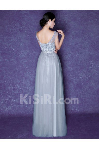 Tulle Scoop Floor Length Cap Sleeve A-line Dress with Handmade Flowers, Bow