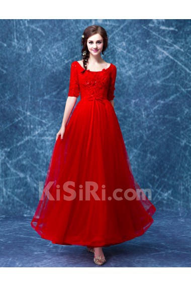 Lace, Tulle Scoop Floor Length Half Sleeve A-line Dress with Sequins, Bow