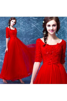 Lace, Tulle Scoop Floor Length Half Sleeve A-line Dress with Sequins, Bow