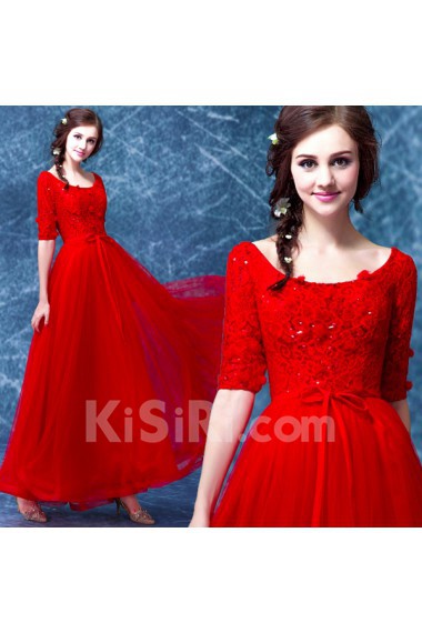 Lace, Tulle Scoop Floor Length Half Sleeve A-line Dress with Sequins, Bow