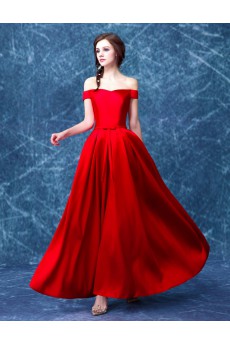 Satin Off-the-Shoulder Ankle-Length A-line Dress with Bow