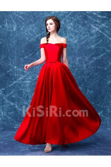 Satin Off-the-Shoulder Ankle-Length A-line Dress with Bow