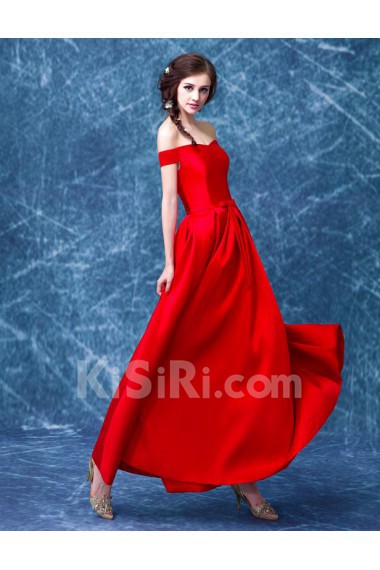 Satin Off-the-Shoulder Ankle-Length A-line Dress with Bow