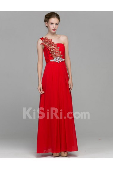 Chiffon One-shoulder Floor Length Sleeveless Sheath Dress with Rhinestone