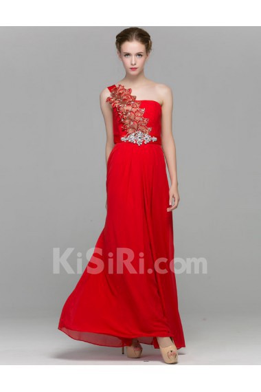 Chiffon One-shoulder Floor Length Sleeveless Sheath Dress with Rhinestone