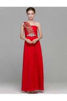 Chiffon One-shoulder Floor Length Sleeveless Sheath Dress with Rhinestone