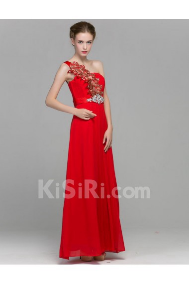 Chiffon One-shoulder Floor Length Sleeveless Sheath Dress with Rhinestone