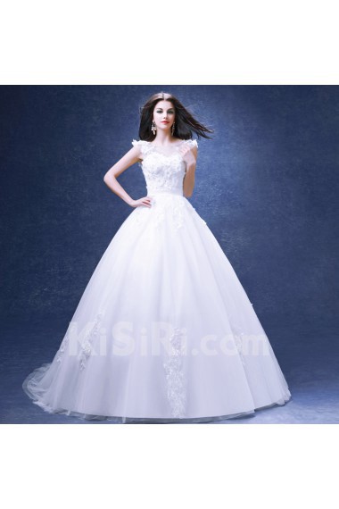 Lace, Organza Jewel Chapel Train Cap Sleeve Ball Gown Dress with Handmade Flowers