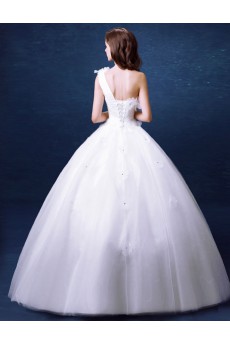 Organza One-shoulder Floor Length Sleeveless Ball Gown Dress with Rhinestone