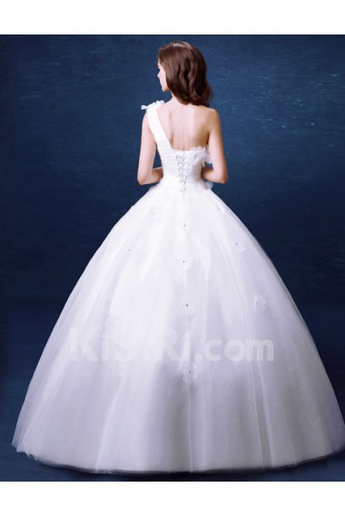 Organza One-shoulder Floor Length Sleeveless Ball Gown Dress with Rhinestone