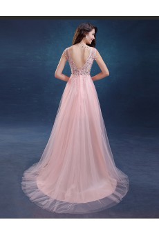 Tulle Scoop Sweep Train Cap Sleeve A-line Dress with Beads