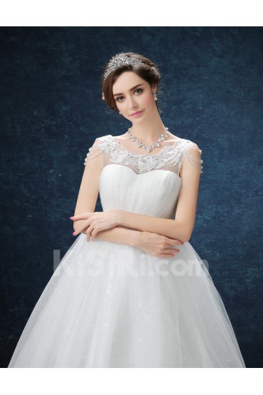 Organza Scoop Floor Length Cap Sleeve Ball Gown Dress with Lace, Beads