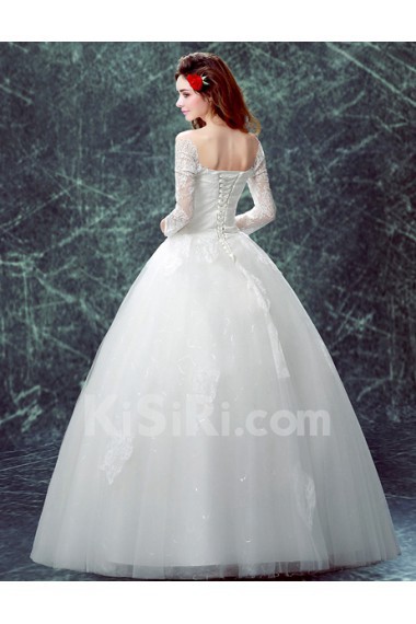 Organza Off-the-Shoulder Floor Length Three-quarter Ball Gown Dress with Lace, Rhinestone