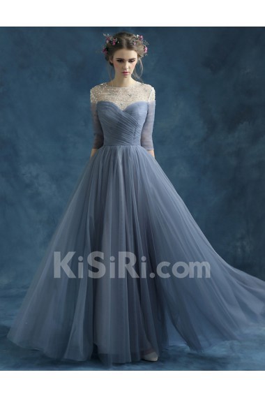 Tulle Jewel Floor Length Three-quarter A-line Dress with Rhinestone, Sequins