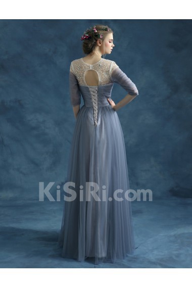 Tulle Jewel Floor Length Three-quarter A-line Dress with Rhinestone, Sequins