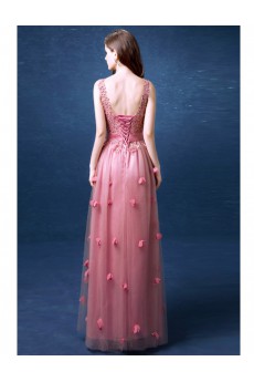 Net, Lace V-neck Floor Length Sleeveless A-line Dress with Beads, Sequins