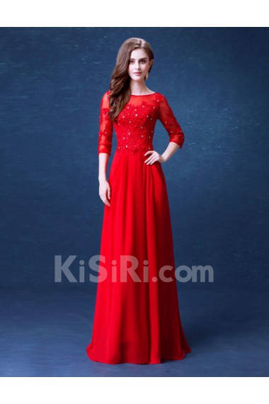 Lace, Chiffon Bateau Floor Length Three-quarter Sheath Dress with Rhinestone