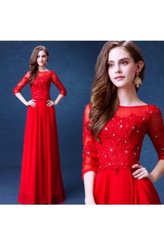 Lace, Chiffon Bateau Floor Length Three-quarter Sheath Dress with Rhinestone