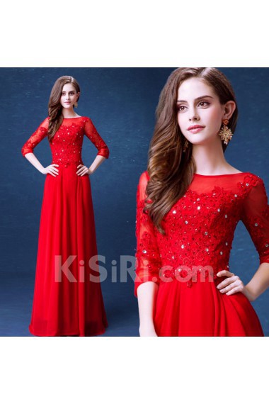 Lace, Chiffon Bateau Floor Length Three-quarter Sheath Dress with Rhinestone