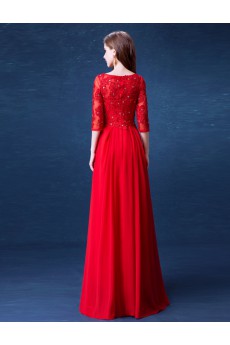 Lace, Chiffon Bateau Floor Length Three-quarter Sheath Dress with Rhinestone