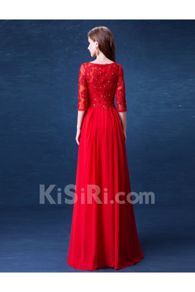 Lace, Chiffon Bateau Floor Length Three-quarter Sheath Dress with Rhinestone