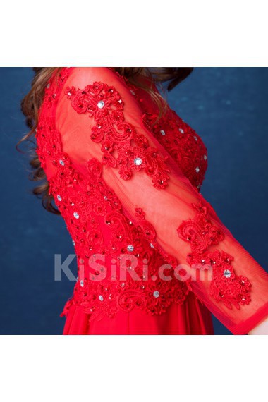 Lace, Chiffon Bateau Floor Length Three-quarter Sheath Dress with Rhinestone