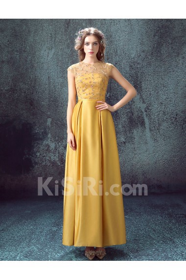 Lace, Satin Jewel Floor Length Cap Sleeve Column Dress with Embroidered