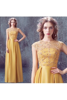 Lace, Satin Jewel Floor Length Cap Sleeve Column Dress with Embroidered