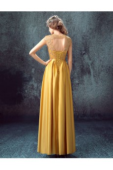 Lace, Satin Jewel Floor Length Cap Sleeve Column Dress with Embroidered